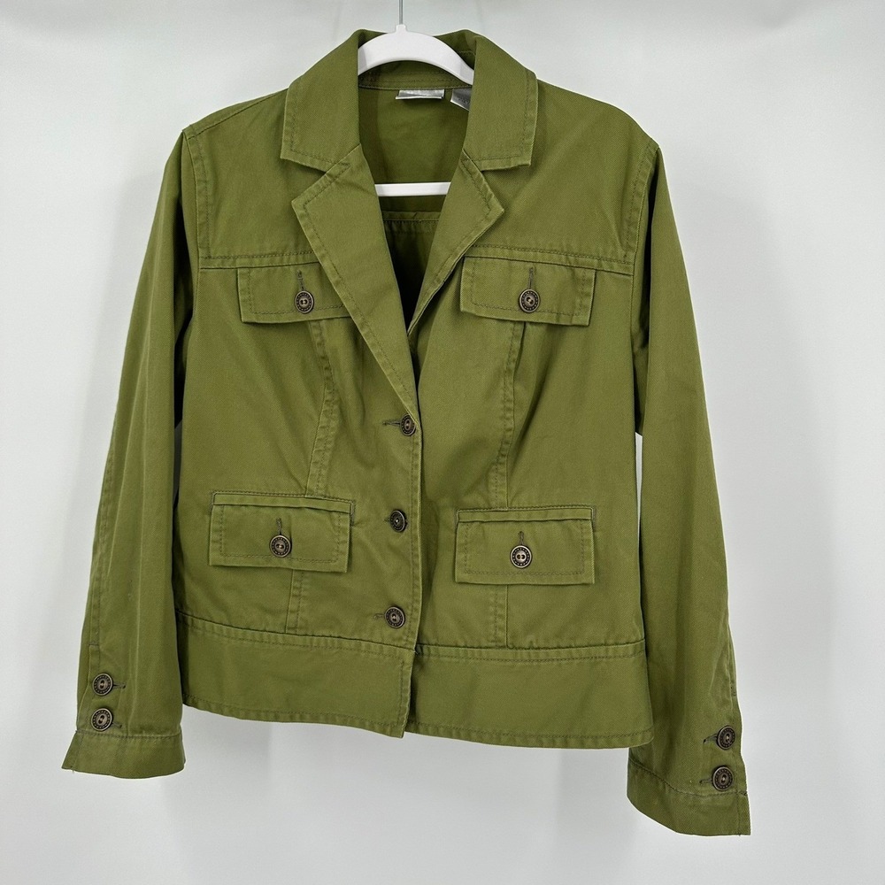 Chicos Women Military Utility Jacket Size 1 US M Olive Green Cargo Earth Granola